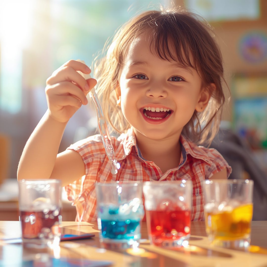 A child laughing while using a pipette with cups of coloured water